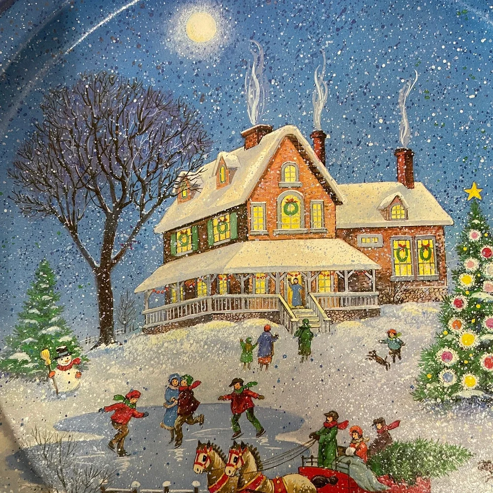 VTG Potpourri Press Tin Tray Christmas Tree Winter House Sleigh WIM Schimmer 88'